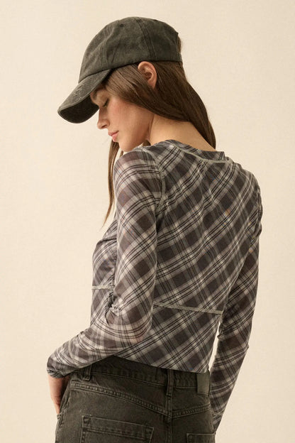 Reality Check Plaid Cropped Long-Sleeve Top