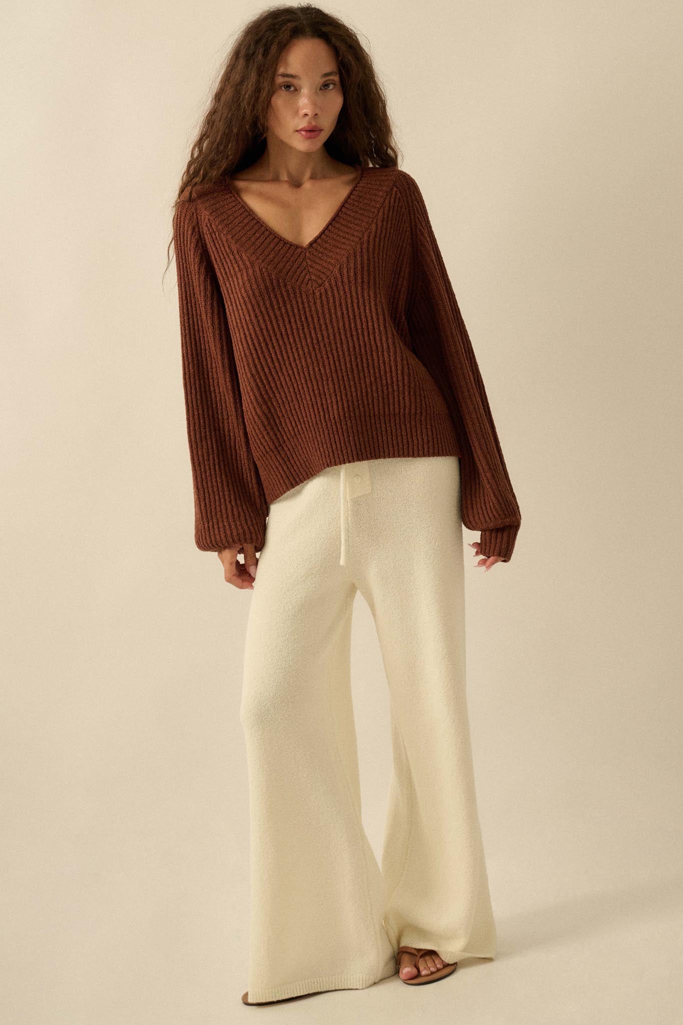 Promise the Label Rib-Knit Wide V-Neck Sweater