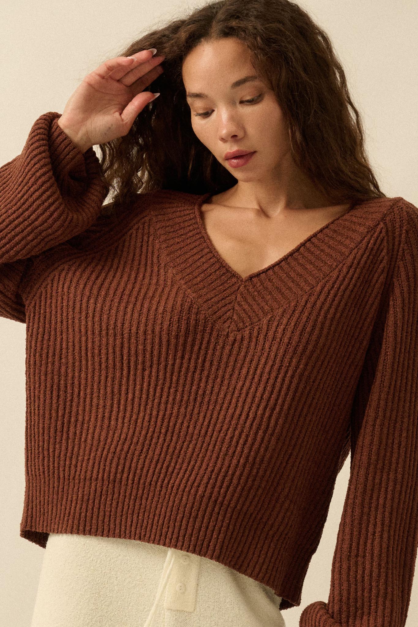 Promise the Label Rib-Knit Wide V-Neck Sweater