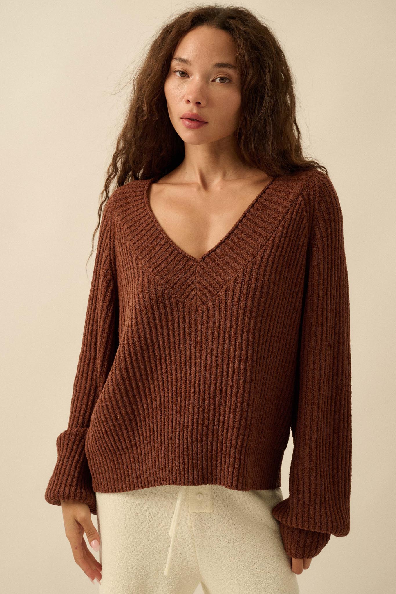 Promise the Label Rib-Knit Wide V-Neck Sweater