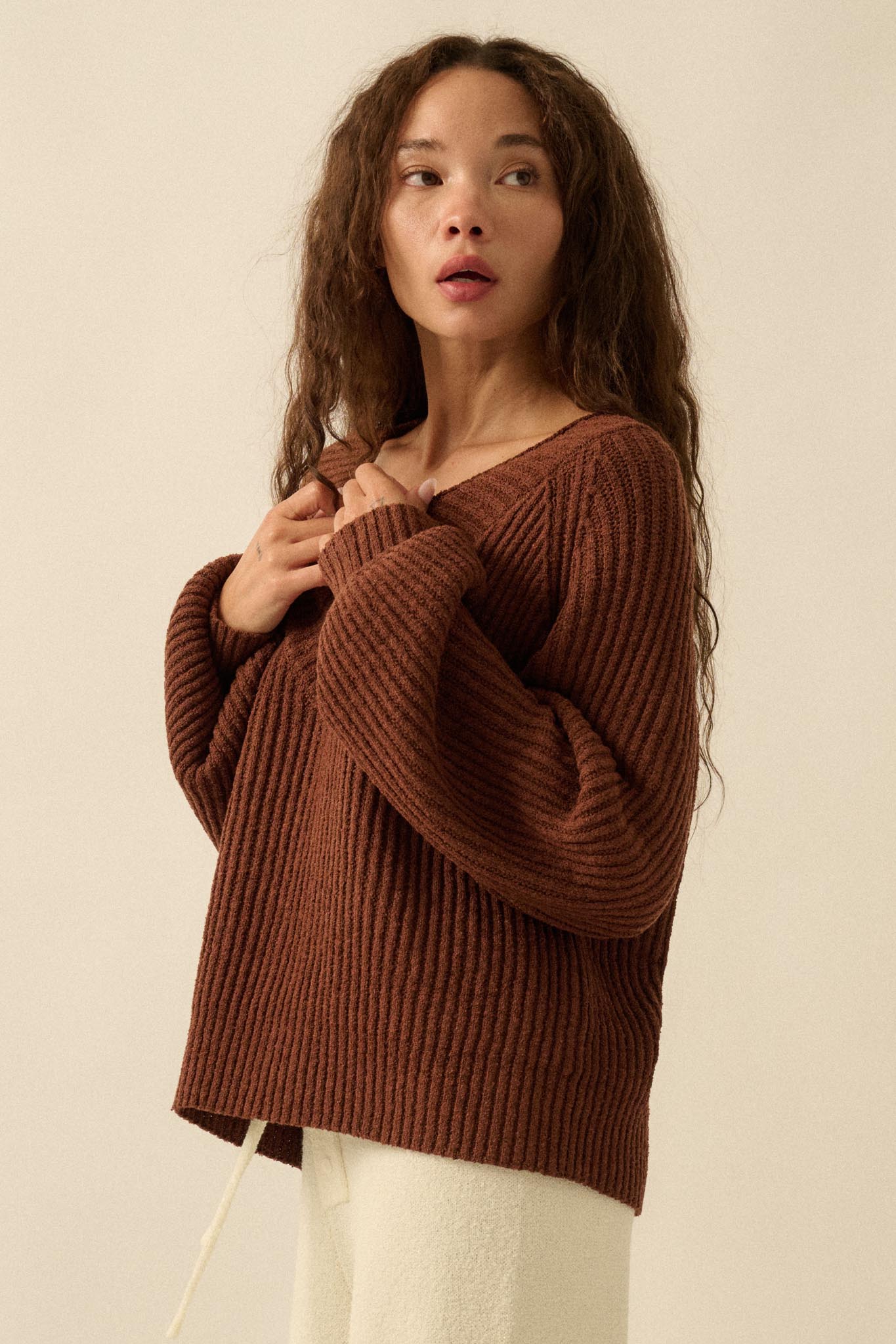 Promise the Label Rib-Knit Wide V-Neck Sweater