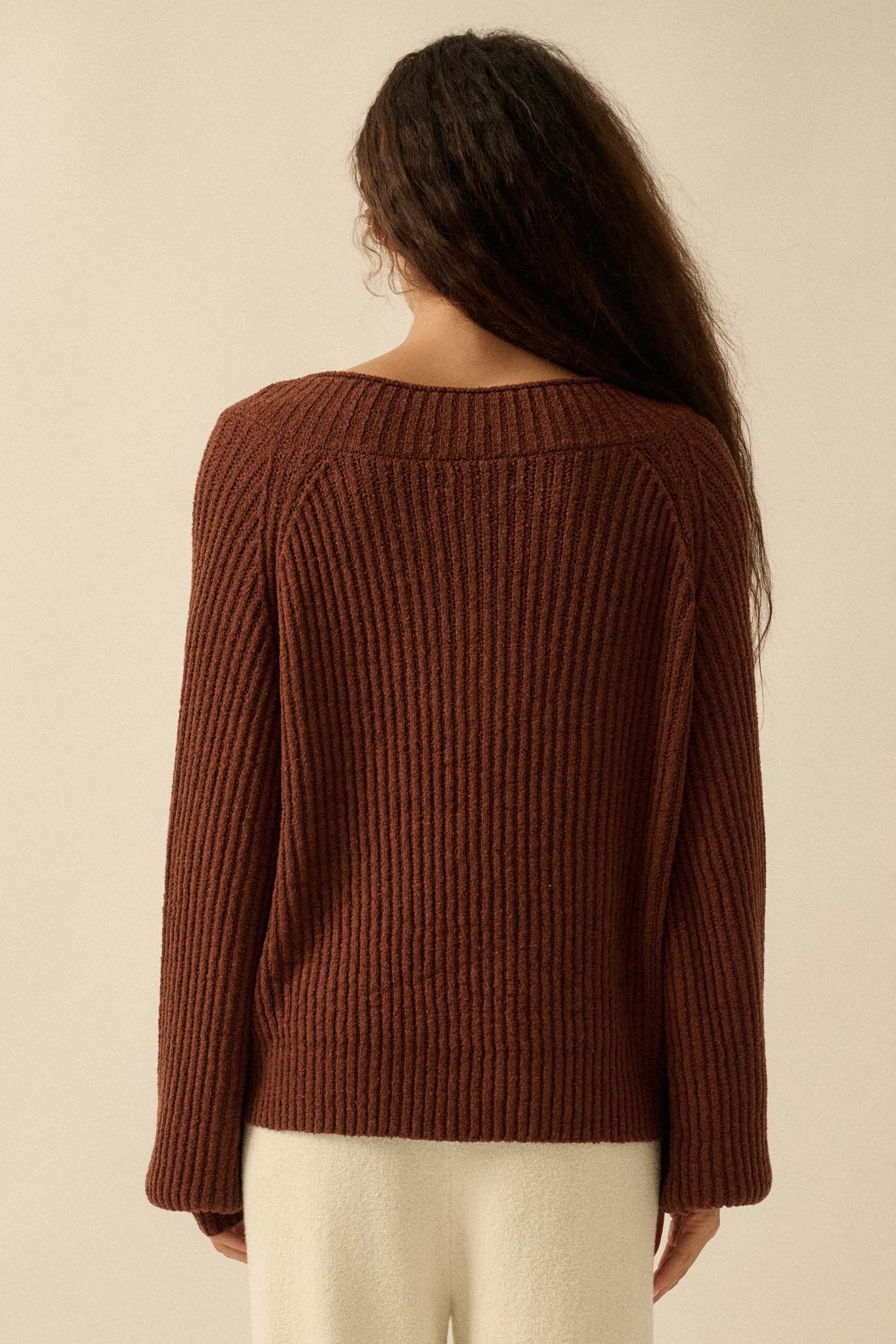 Promise the Label Rib-Knit Wide V-Neck Sweater