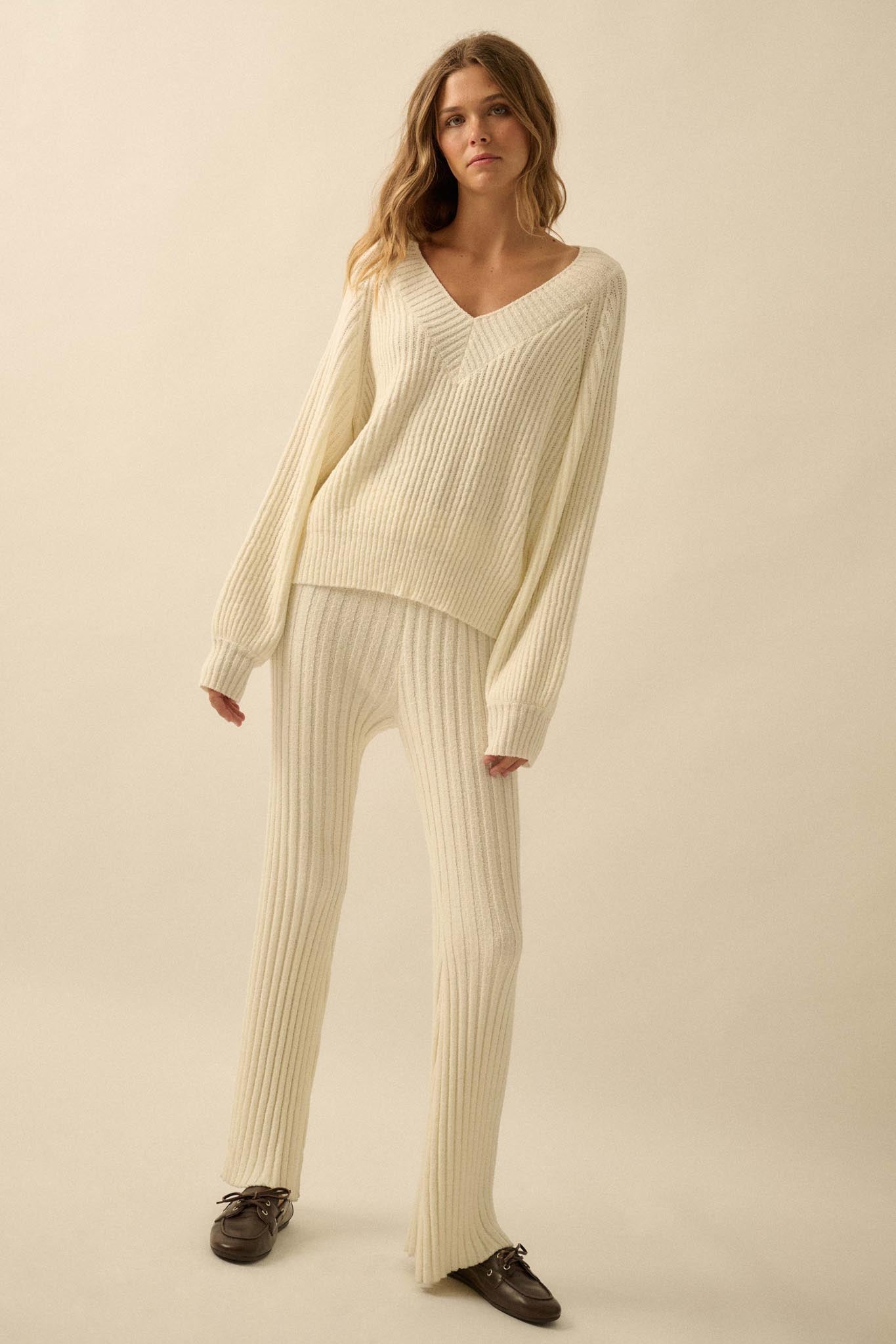 Promise the Label Rib-Knit Wide V-Neck Sweater