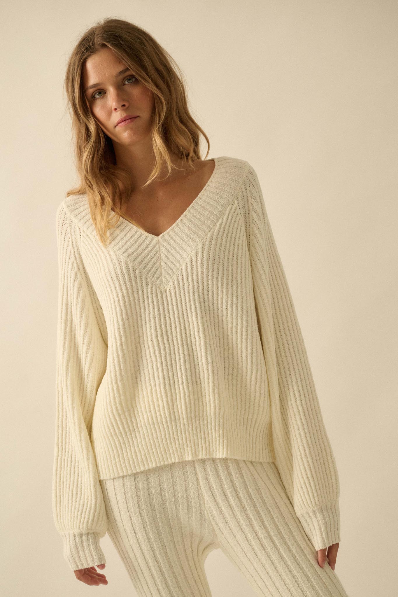 Promise the Label Rib-Knit Wide V-Neck Sweater