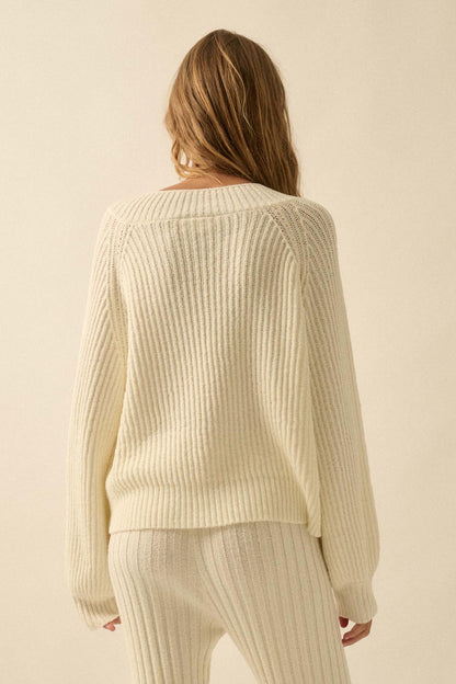 Promise the Label Rib-Knit Wide V-Neck Sweater