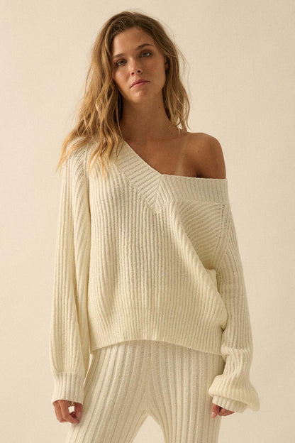 Promise the Label Rib-Knit Wide V-Neck Sweater