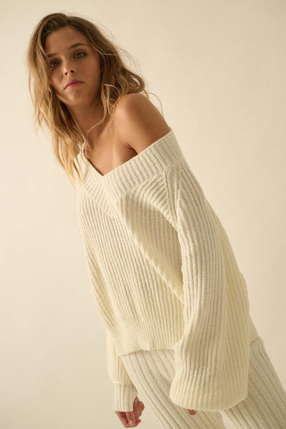 Promise the Label Rib-Knit Wide V-Neck Sweater