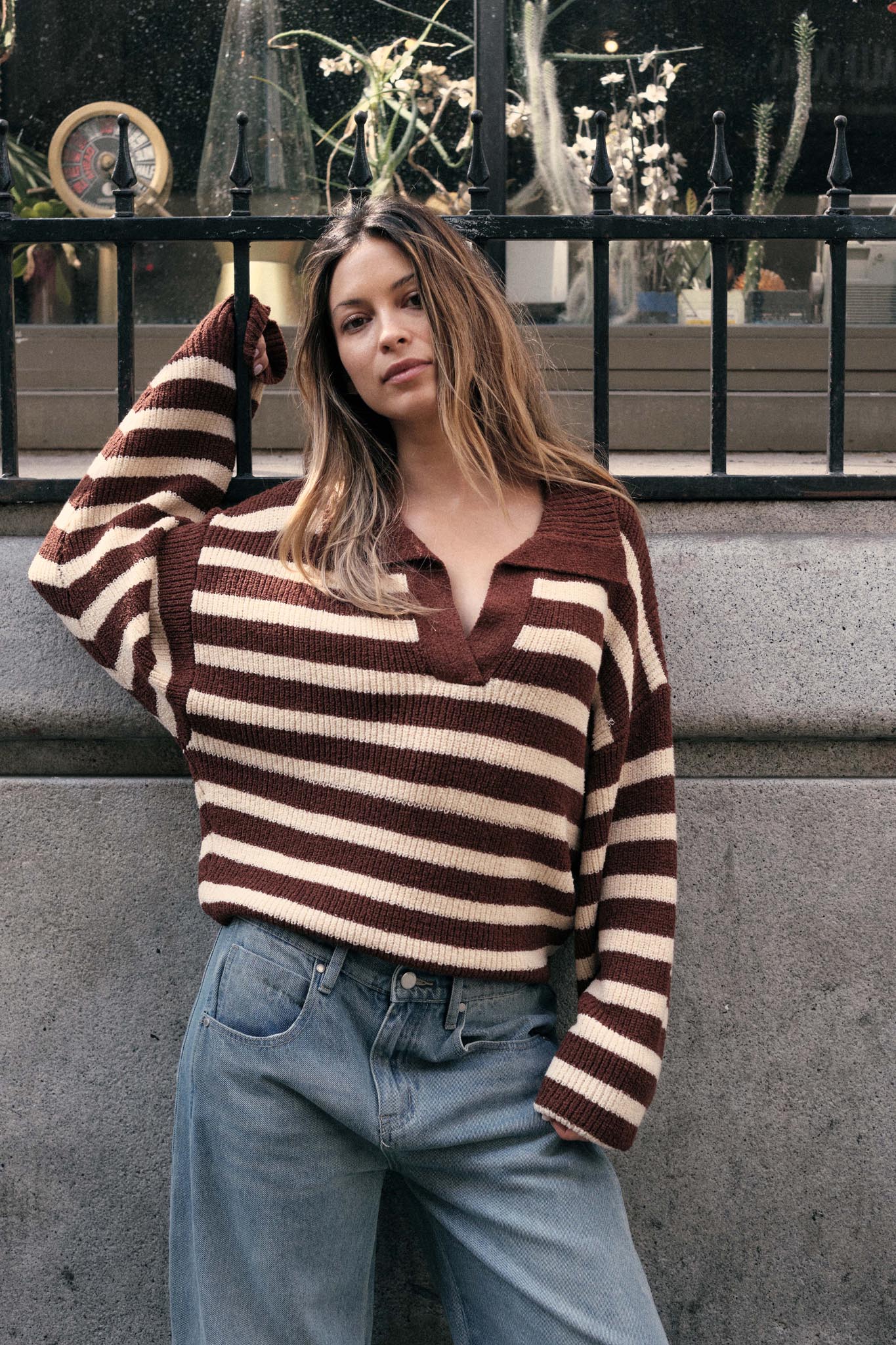 Promise the Label Striped Rib-Knit Collared Sweater