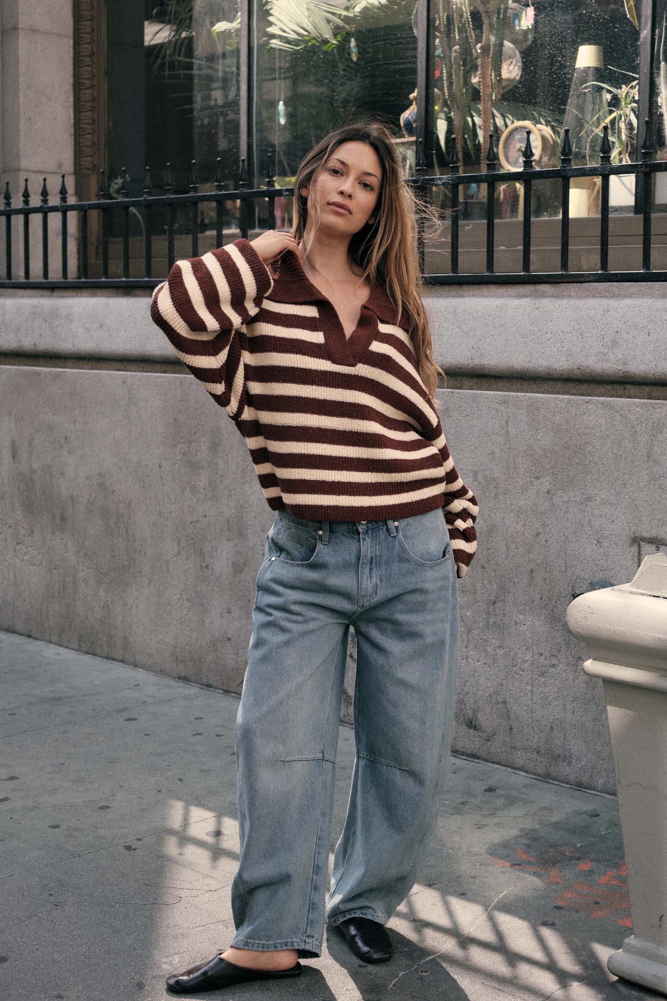 Promise the Label Striped Rib-Knit Collared Sweater