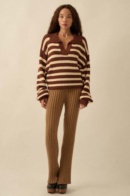 Promise the Label Striped Rib-Knit Collared Sweater