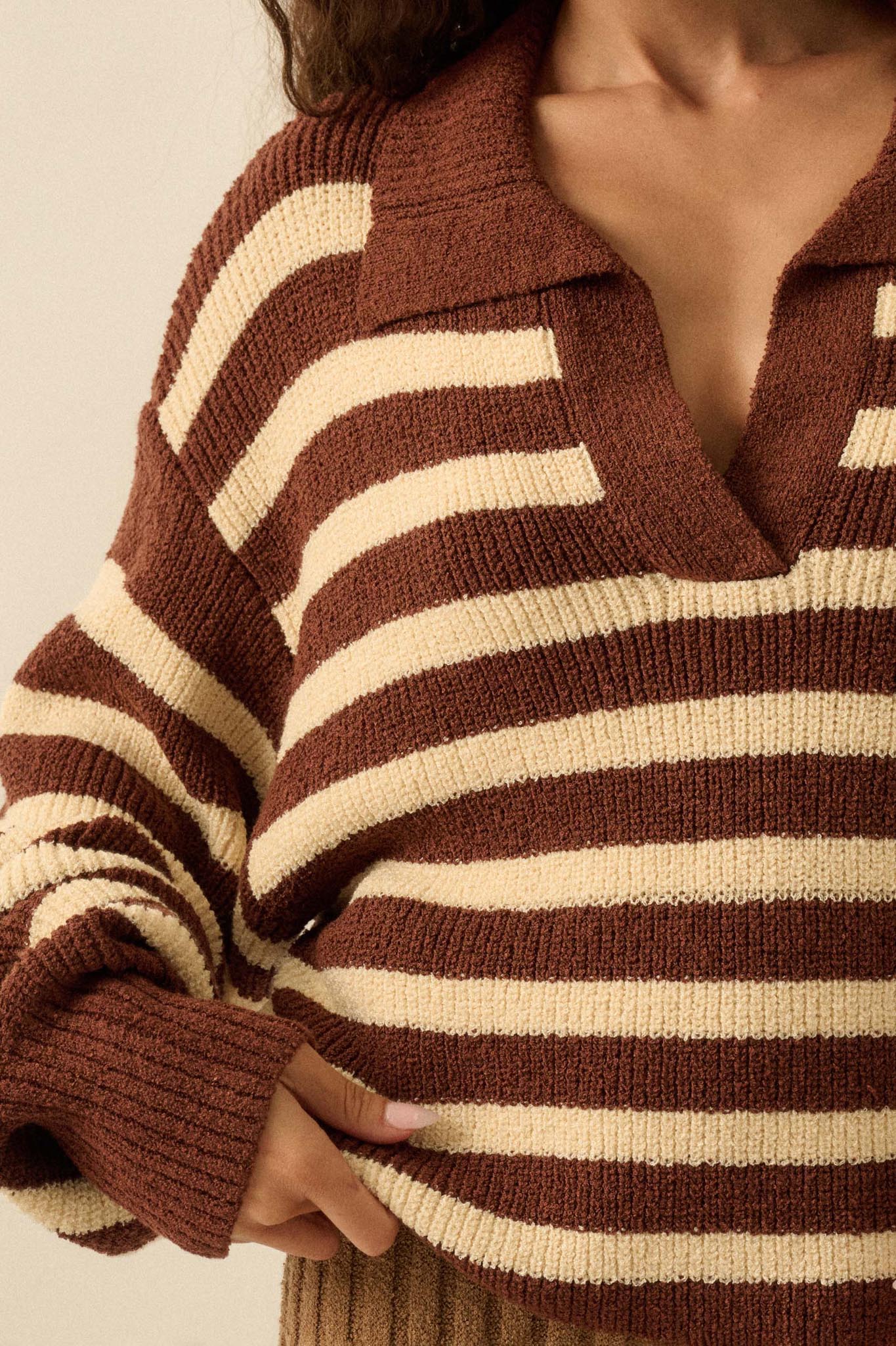 Promise the Label Striped Rib-Knit Collared Sweater