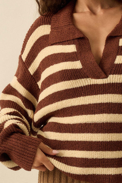 Promise the Label Striped Rib-Knit Collared Sweater