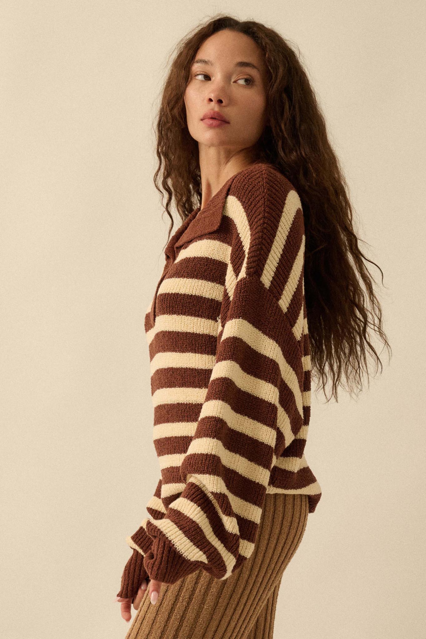 Promise the Label Striped Rib-Knit Collared Sweater