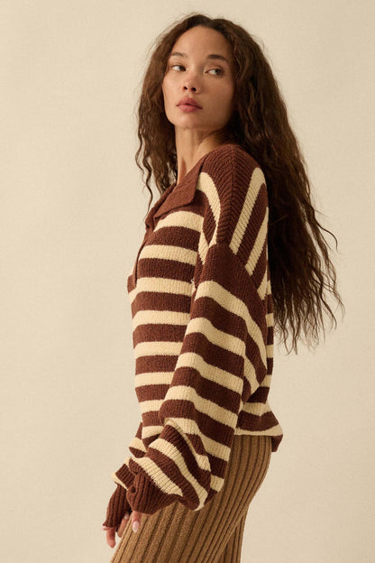Promise the Label Striped Rib-Knit Collared Sweater