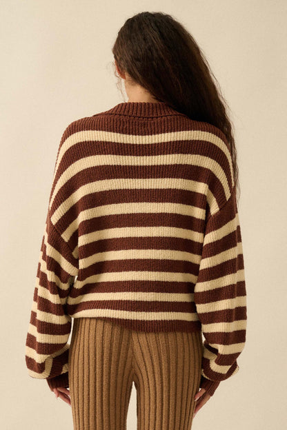 Promise the Label Striped Rib-Knit Collared Sweater