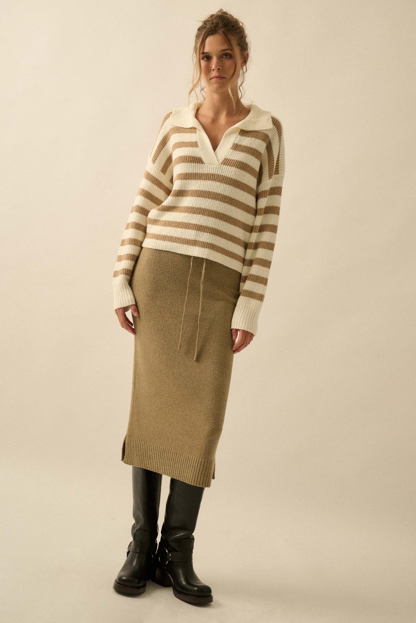 Promise the Label Striped Rib-Knit Collared Sweater