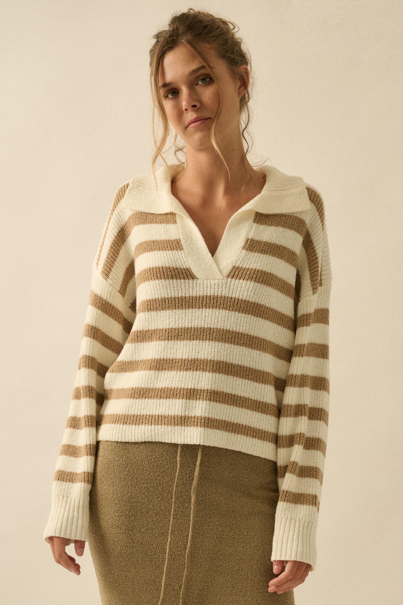 Promise the Label Striped Rib-Knit Collared Sweater