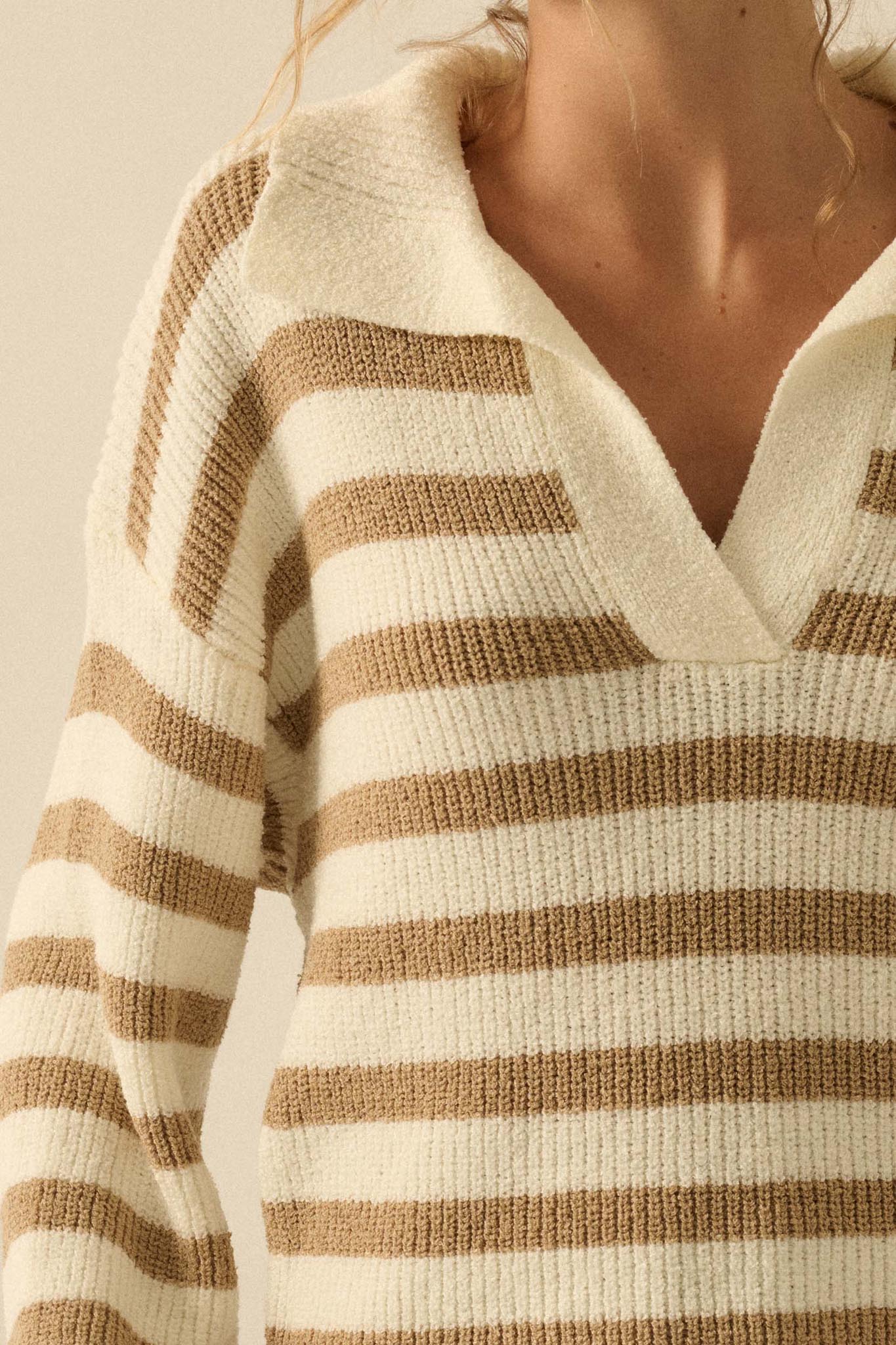 Promise the Label Striped Rib-Knit Collared Sweater