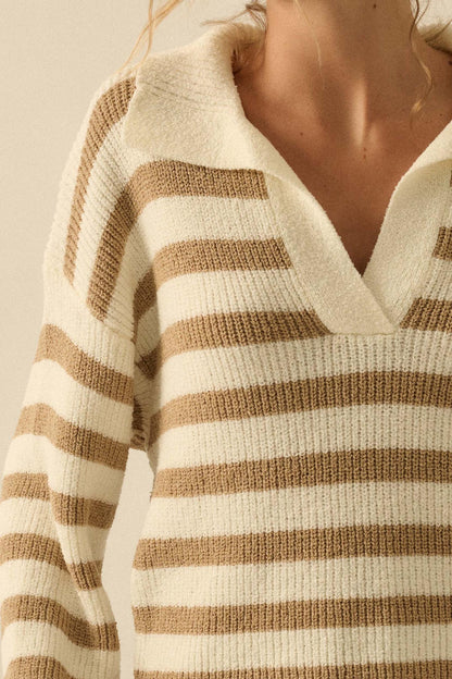 Promise the Label Striped Rib-Knit Collared Sweater