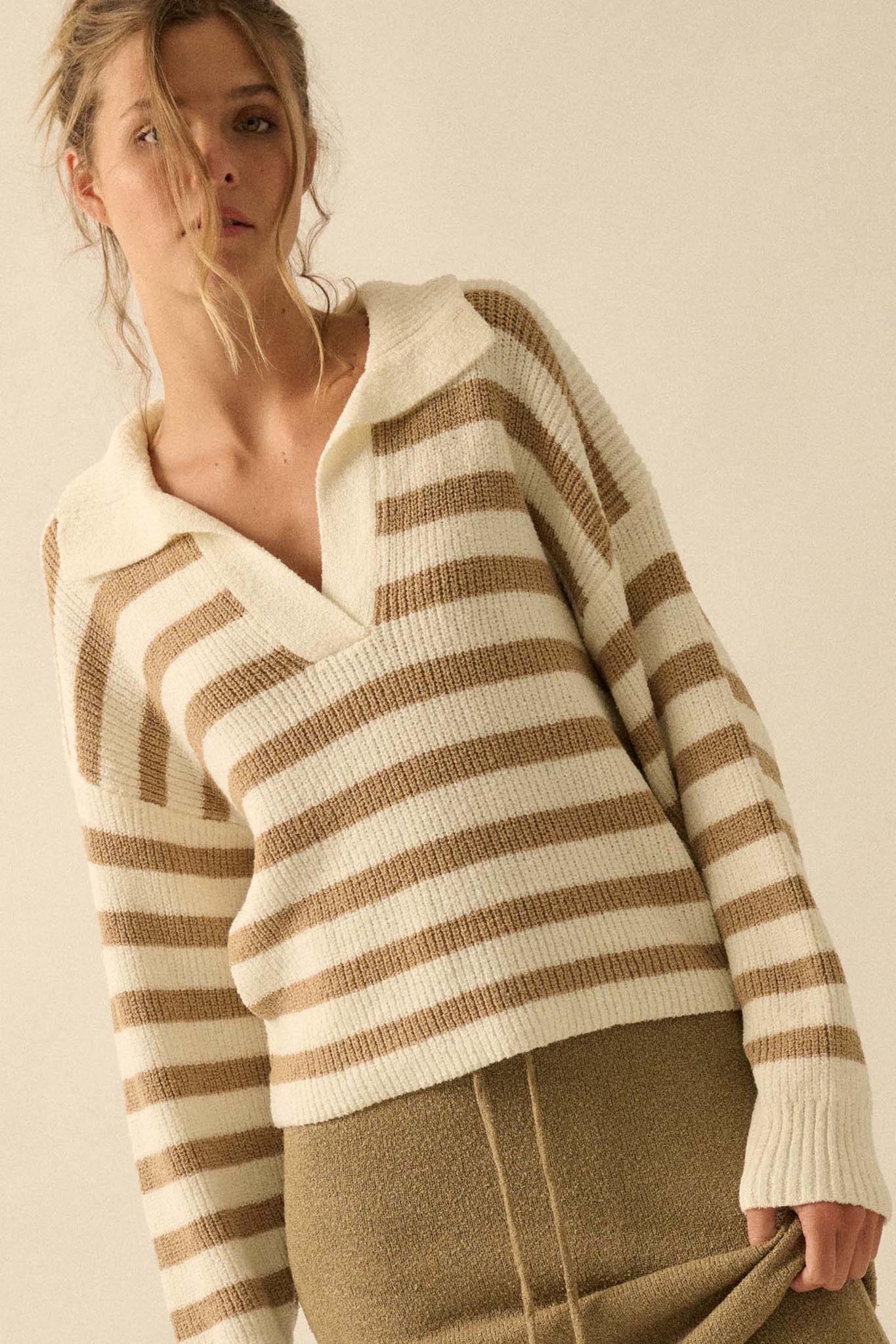 Promise the Label Striped Rib-Knit Collared Sweater