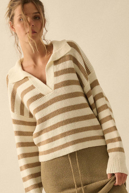 Promise the Label Striped Rib-Knit Collared Sweater