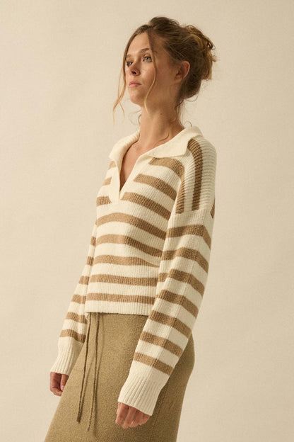 Promise the Label Striped Rib-Knit Collared Sweater