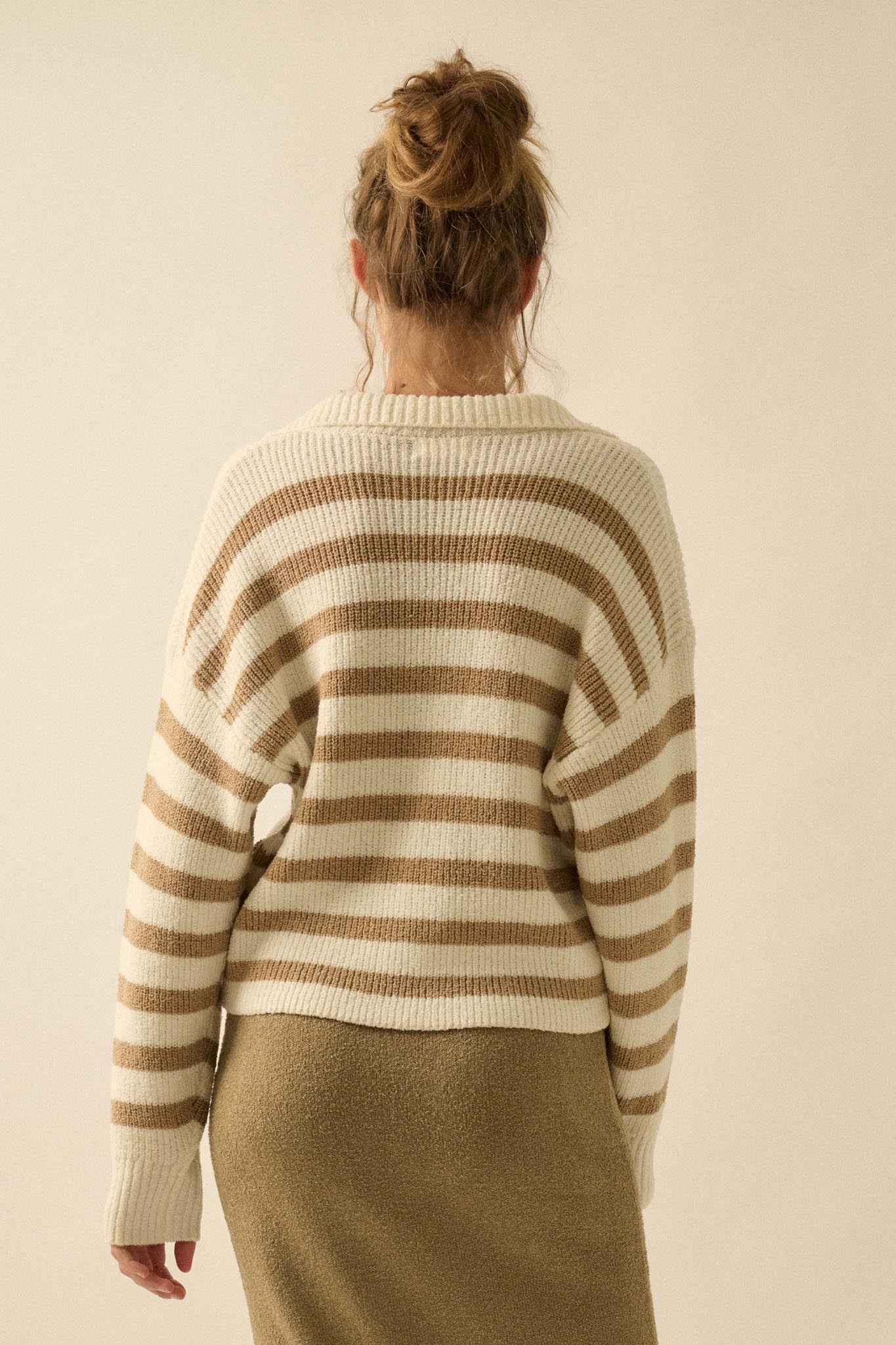 Promise the Label Striped Rib-Knit Collared Sweater