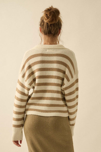 Promise the Label Striped Rib-Knit Collared Sweater