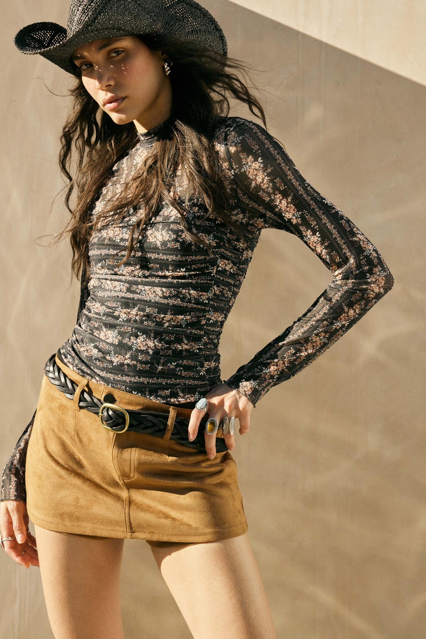 Petite Petals Floral Mesh Ruched Bodysuit