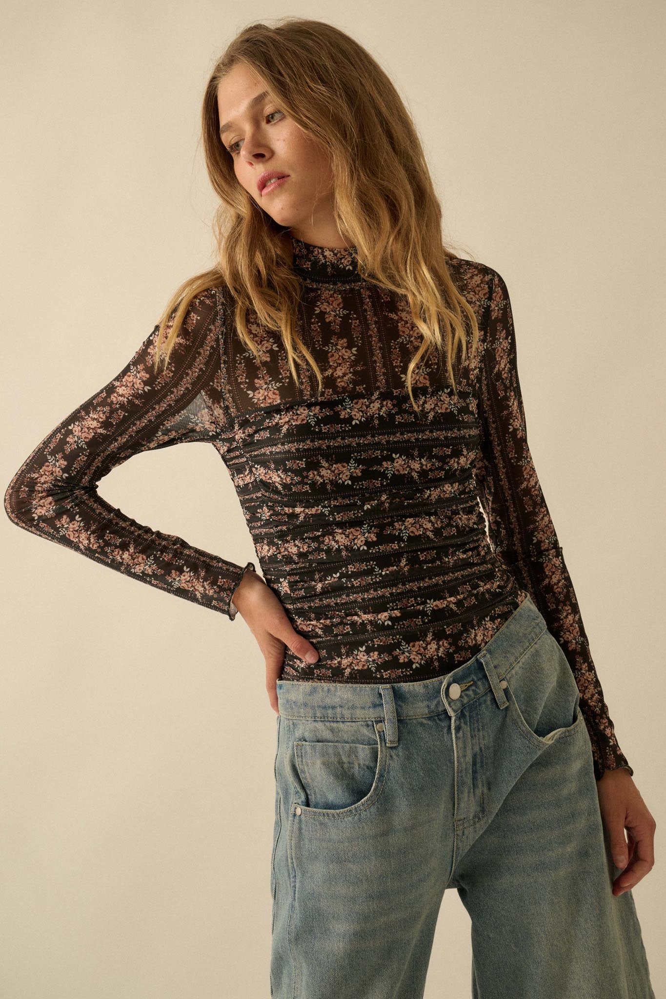 Petite Petals Floral Mesh Ruched Bodysuit