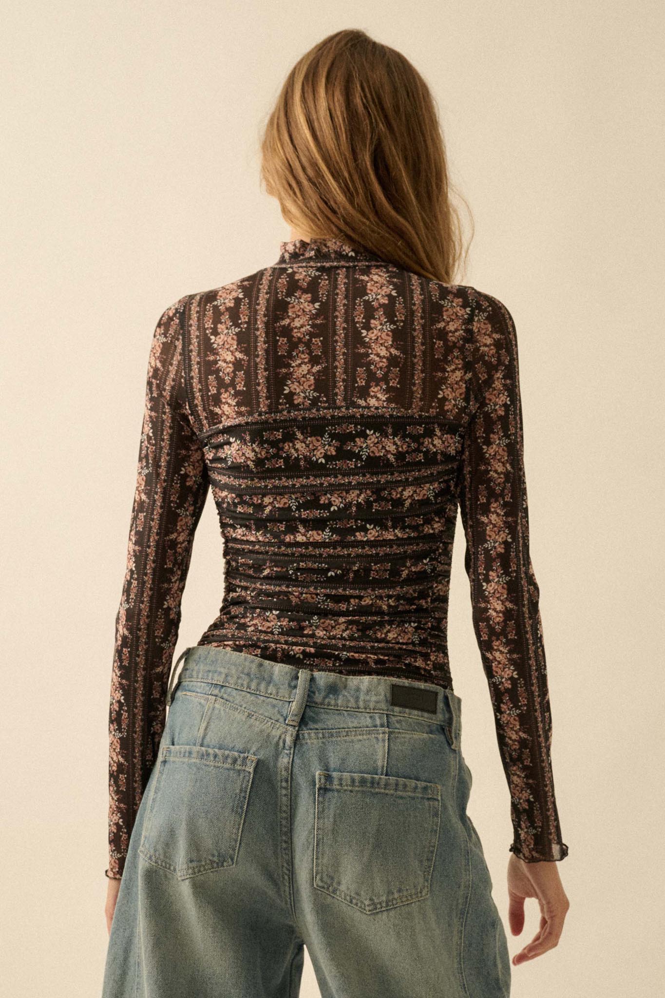Petite Petals Floral Mesh Ruched Bodysuit