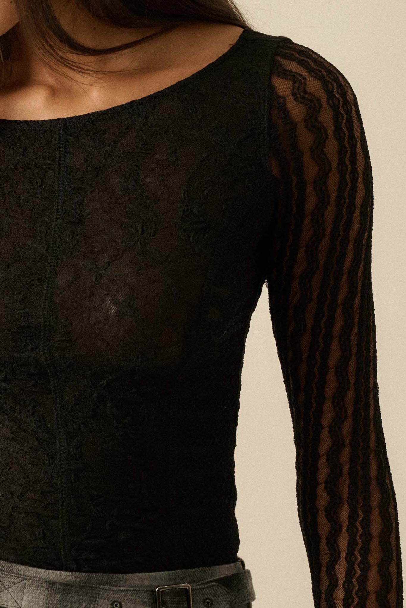 Divine Light Lace Long-Sleeve Boatneck Bodysuit