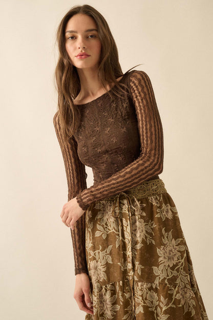 Divine Light Lace Long-Sleeve Boatneck Bodysuit