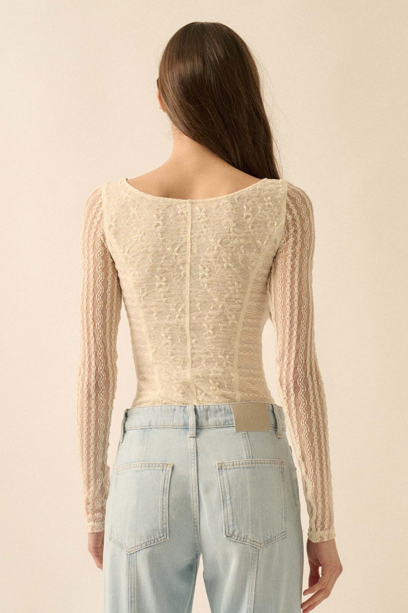 Divine Light Lace Long-Sleeve Boatneck Bodysuit