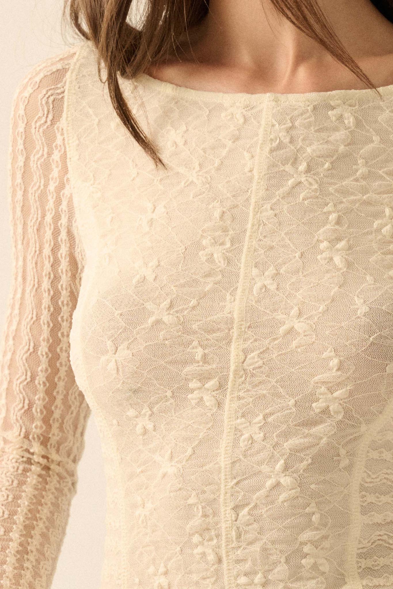 Divine Light Lace Long-Sleeve Boatneck Bodysuit
