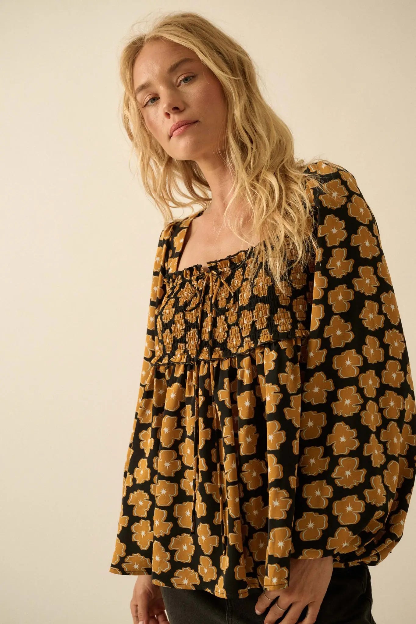 Bygone Blossoms Floral Smocked Babydoll Peasant Top