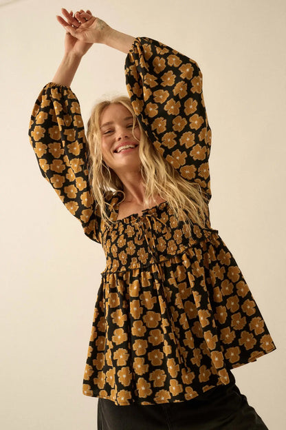 Bygone Blossoms Floral Smocked Babydoll Peasant Top