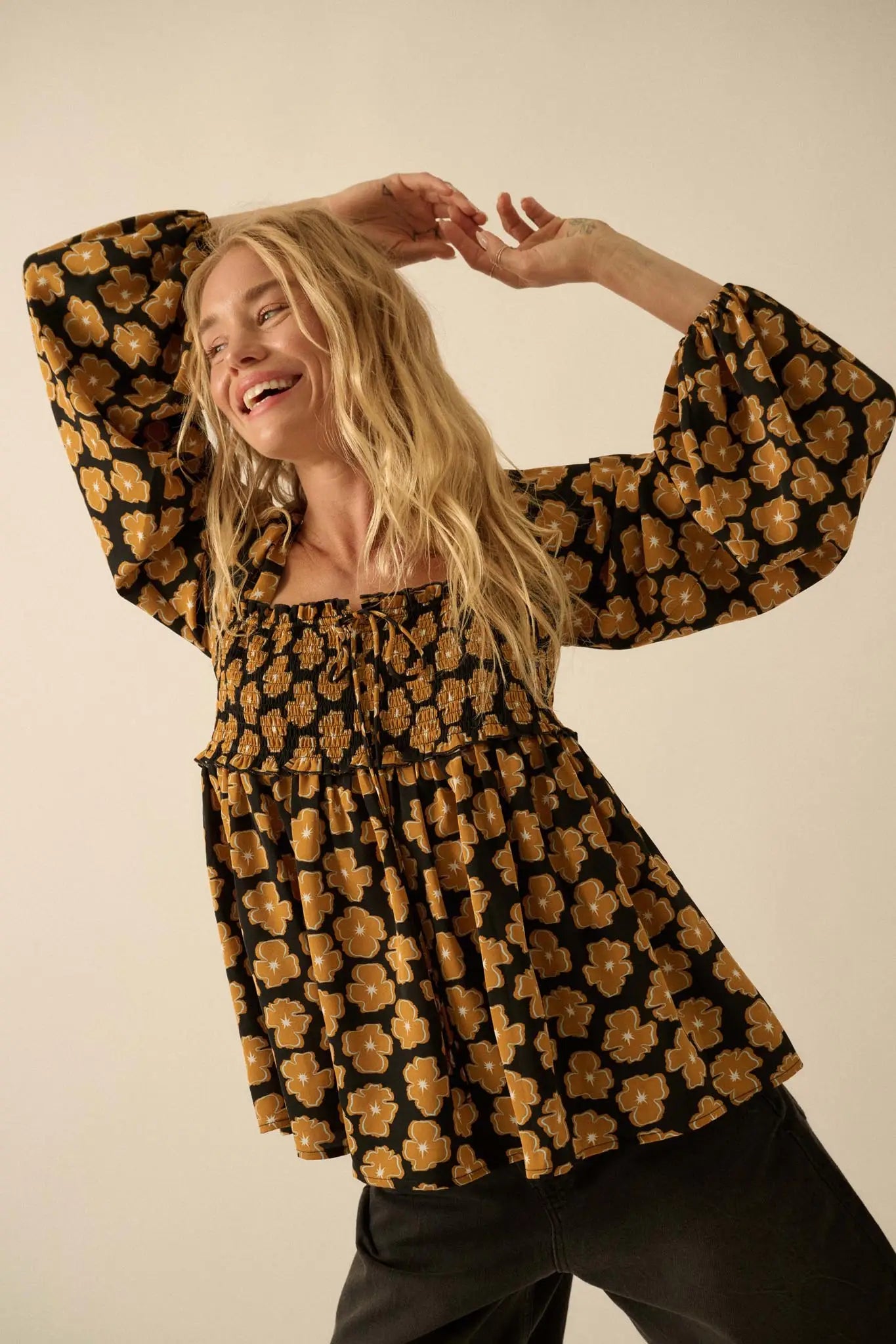 Bygone Blossoms Floral Smocked Babydoll Peasant Top