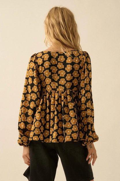 Bygone Blossoms Floral Smocked Babydoll Peasant Top