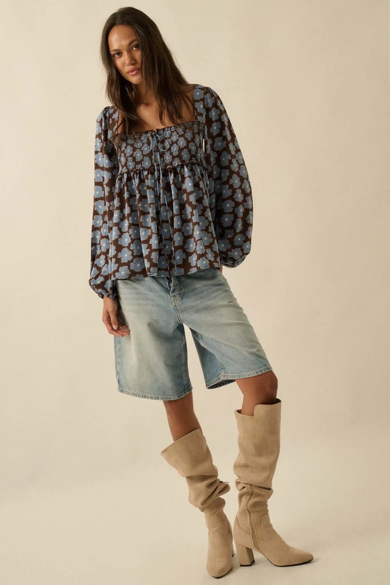 Bygone Blossoms Floral Smocked Babydoll Peasant Top
