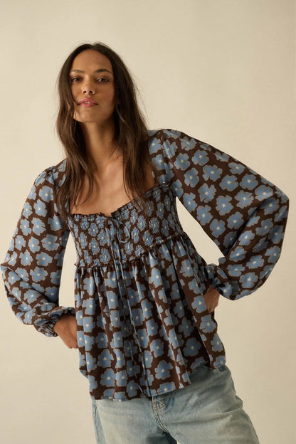 Bygone Blossoms Floral Smocked Babydoll Peasant Top