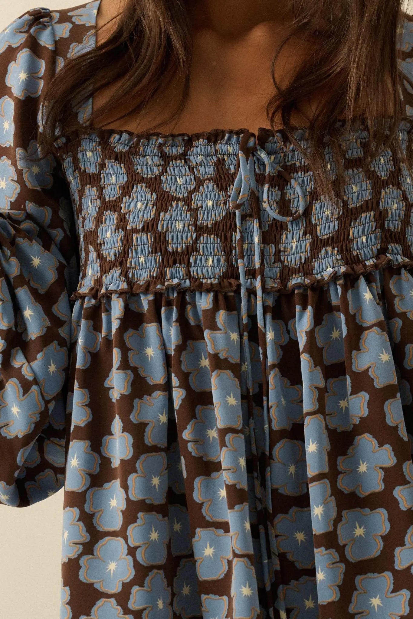 Bygone Blossoms Floral Smocked Babydoll Peasant Top