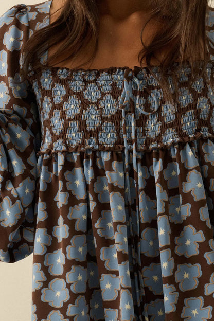 Bygone Blossoms Floral Smocked Babydoll Peasant Top