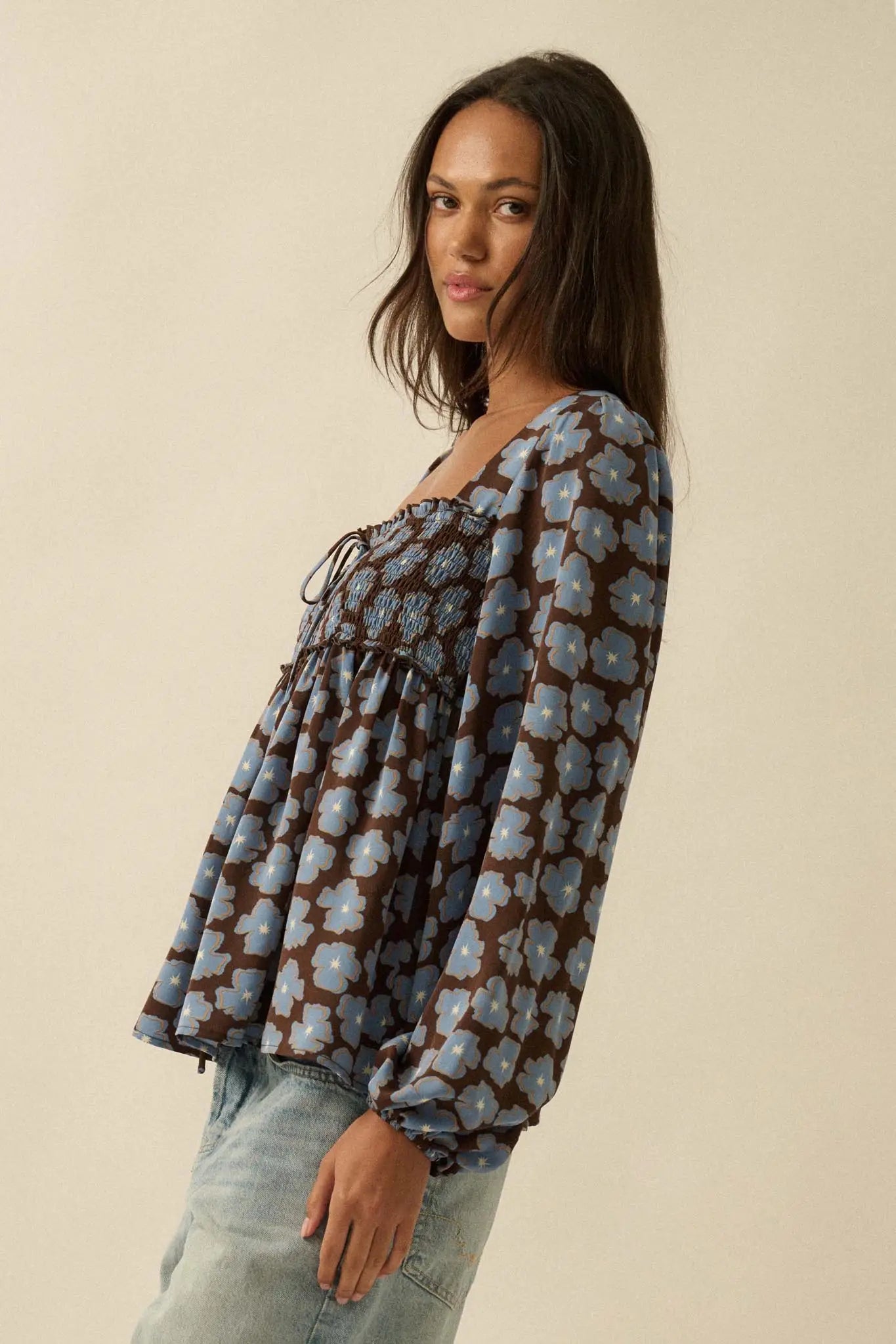 Bygone Blossoms Floral Smocked Babydoll Peasant Top