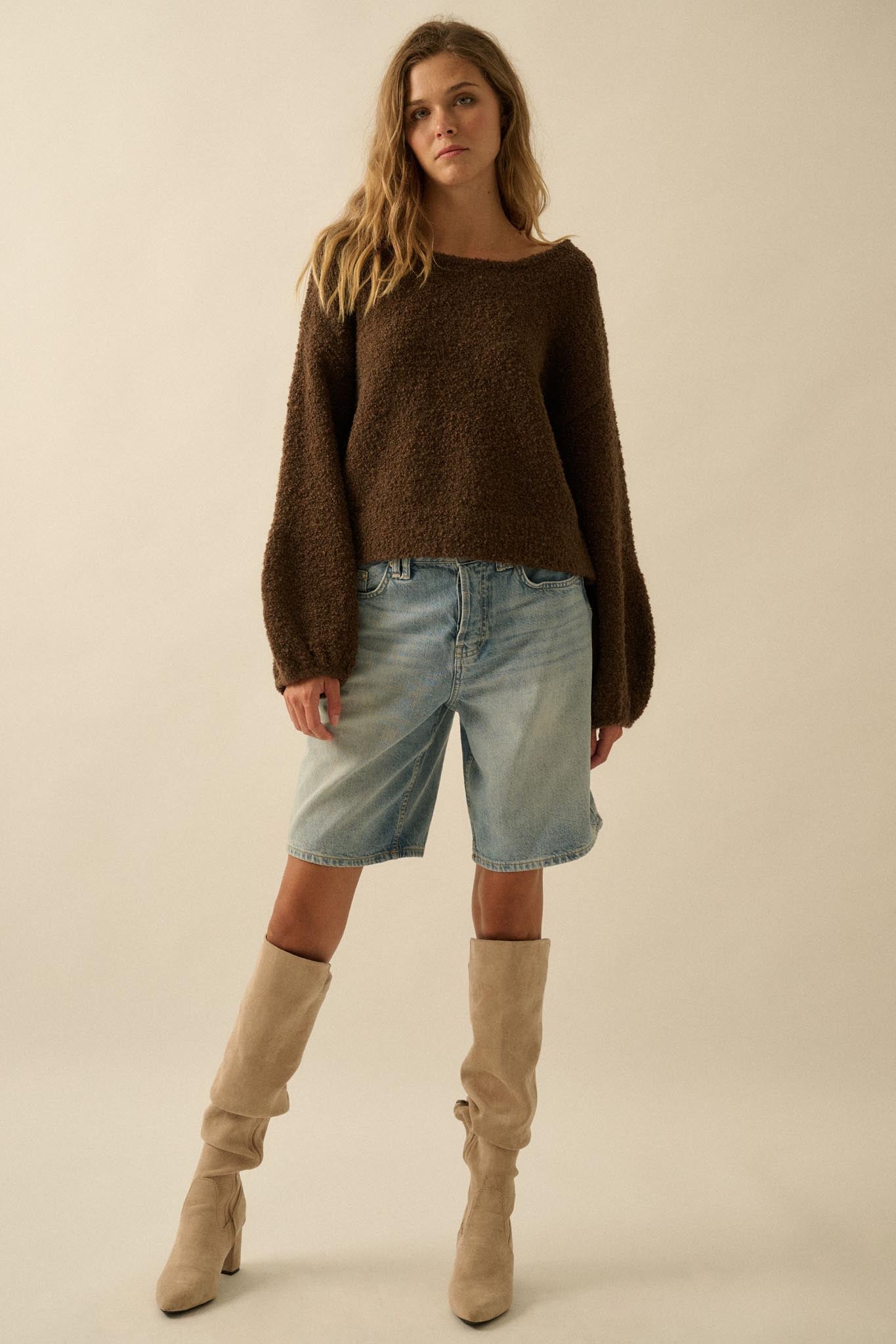 Keep Me Warm Textured Knit Balloon-Sleeve Sweater