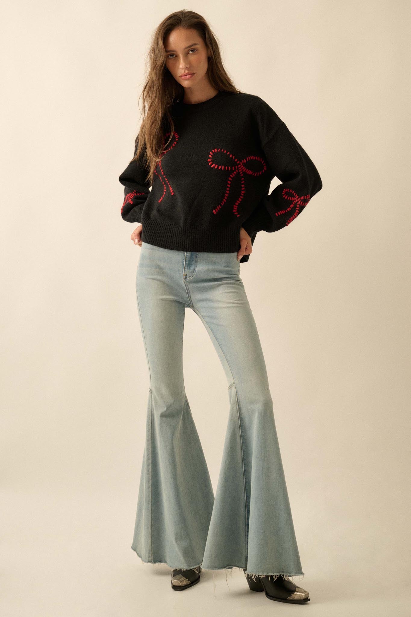 Promise Me Bow-Embroidered Balloon-Sleeve Sweater