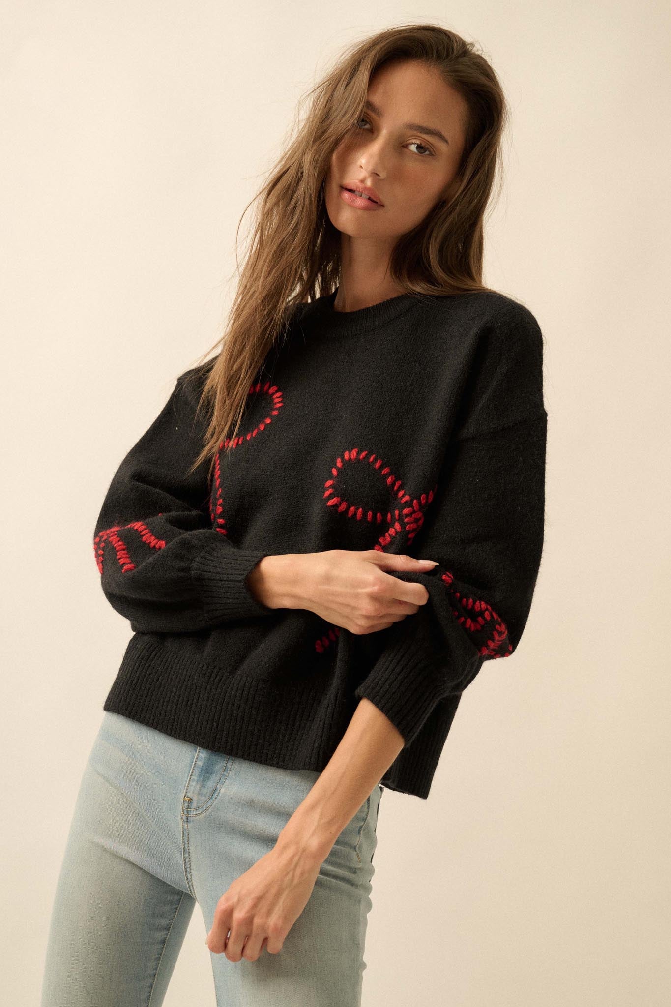 Promise Me Bow-Embroidered Balloon-Sleeve Sweater