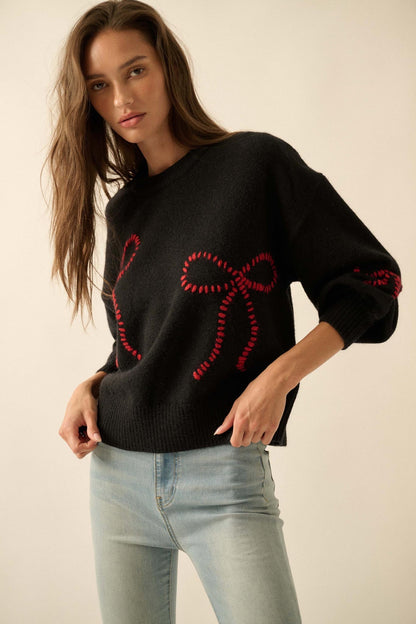 Promise Me Bow-Embroidered Balloon-Sleeve Sweater
