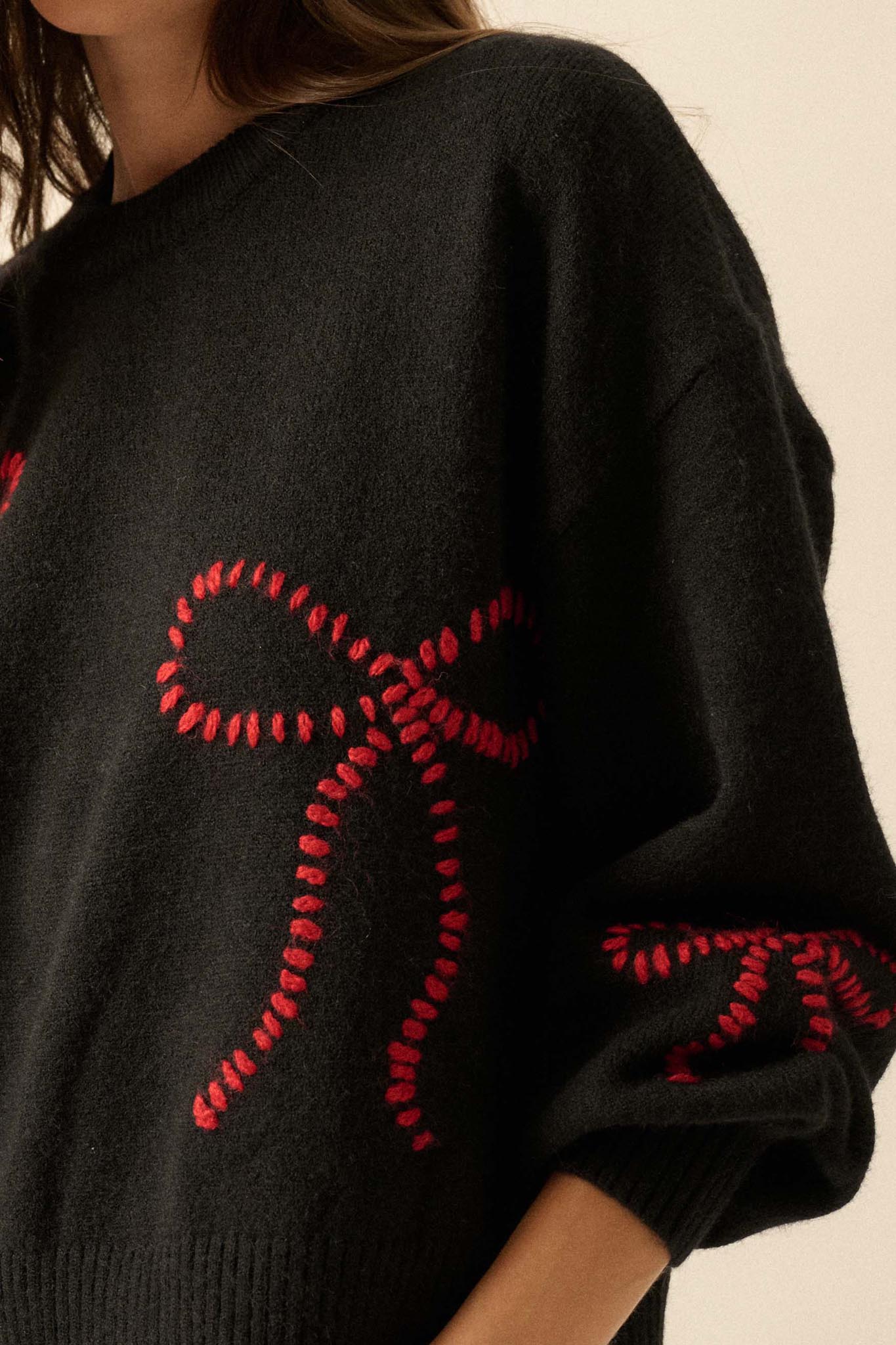 Promise Me Bow-Embroidered Balloon-Sleeve Sweater