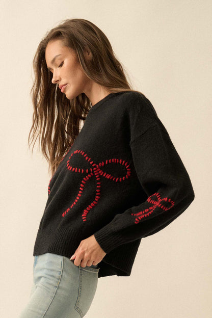 Promise Me Bow-Embroidered Balloon-Sleeve Sweater